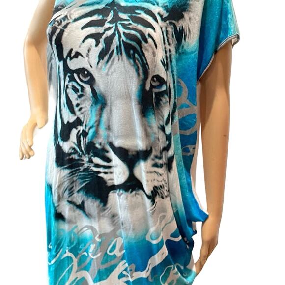 KRIZIA turquoise tiger print short asymmetrical sleeve women’s small dress - Picture 7 of 7